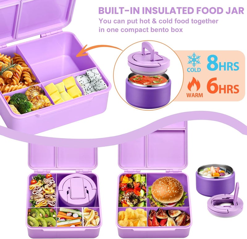 BABHAMNESS Bento Lunch Box with 8oz Soup Thermo,Kids Leakproof 4 Compartment Lunch Food Containers with Sauce Cup and Ice Pack,Kids Thermo Insulated Hot Food Jar and Lunch Bag for School,Trvael-Purple - Image 2
